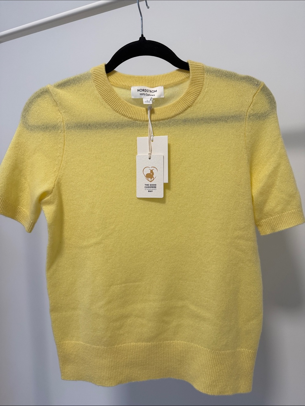 New!! Nordstrom Women Lemon Yellow Short-Sleeve 100% Cashmere-Blend Sweater